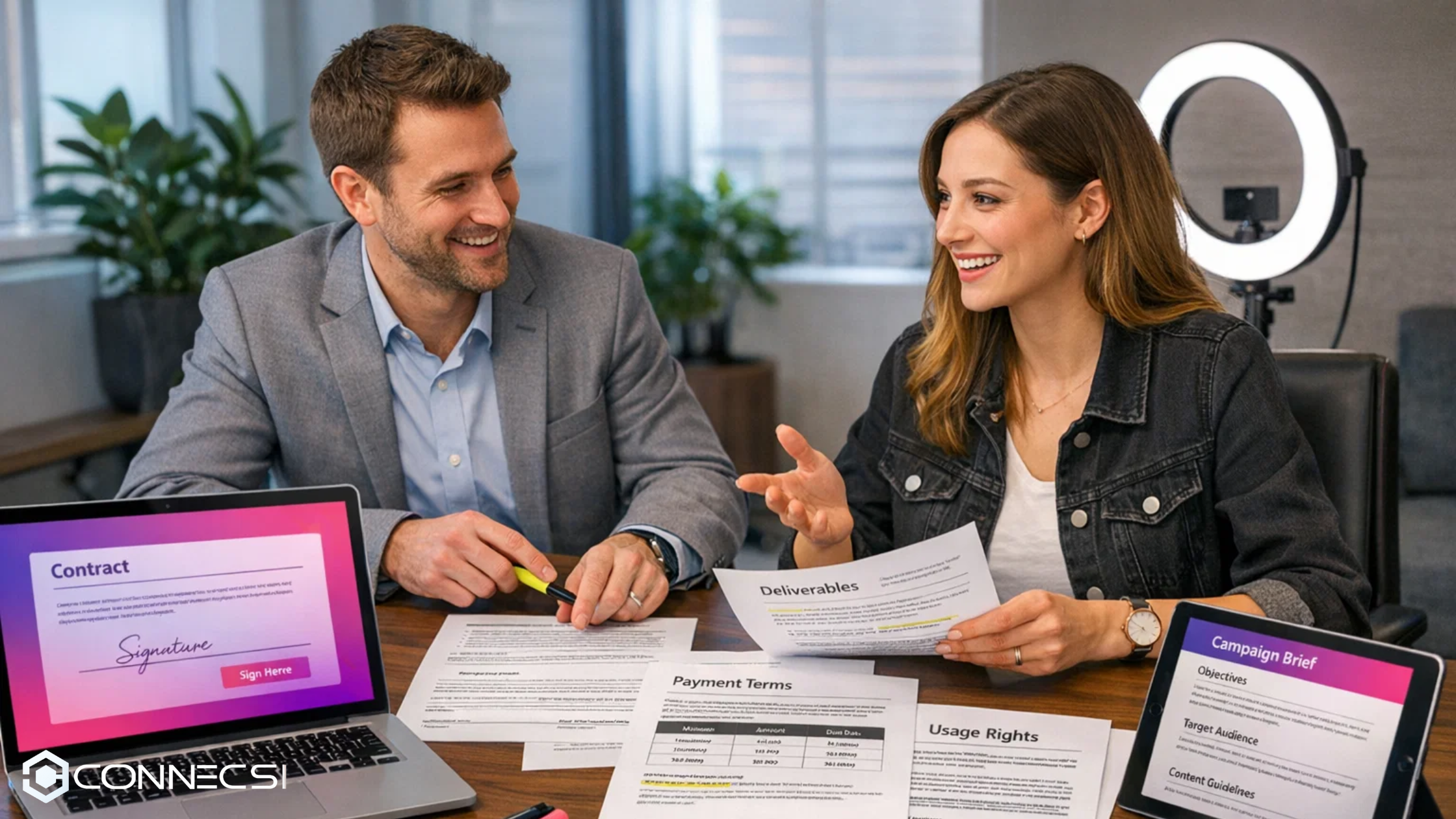 Brand and creator reviewing influencer contract template with legal terms for partnership agreement and deliverables documentation