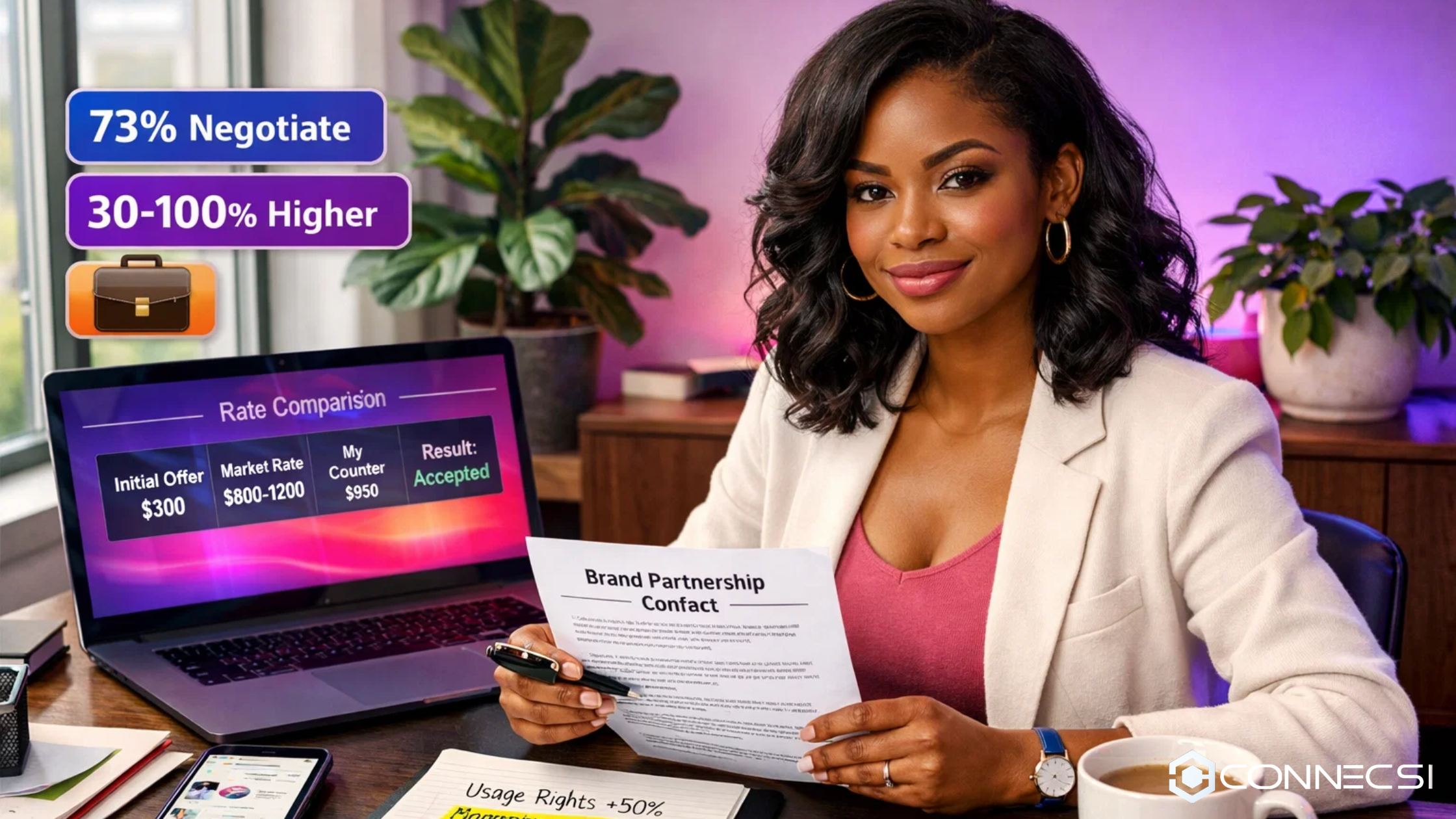 Confident creator reviewing brand partnership contract with rate comparison chart showing market benchmarks and negotiation strategy notes on laptop screen